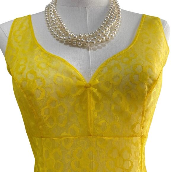 Vintage 60s Germany Stretta Neon Yellow Sheer Lace Mini Full Slip Dress Size S - Picture 4 of 9